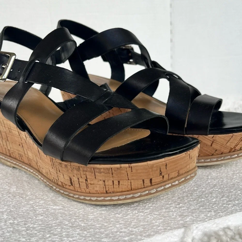 Franco Sarto Women's Leather Black and Tan Cork Strappy Wedge Sandals Size 9M